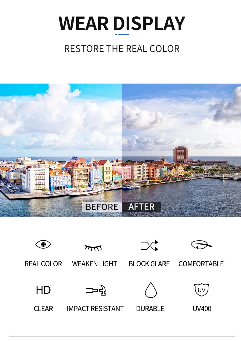 Before and after comparison showing restored color on rimless rectangle sunglasses