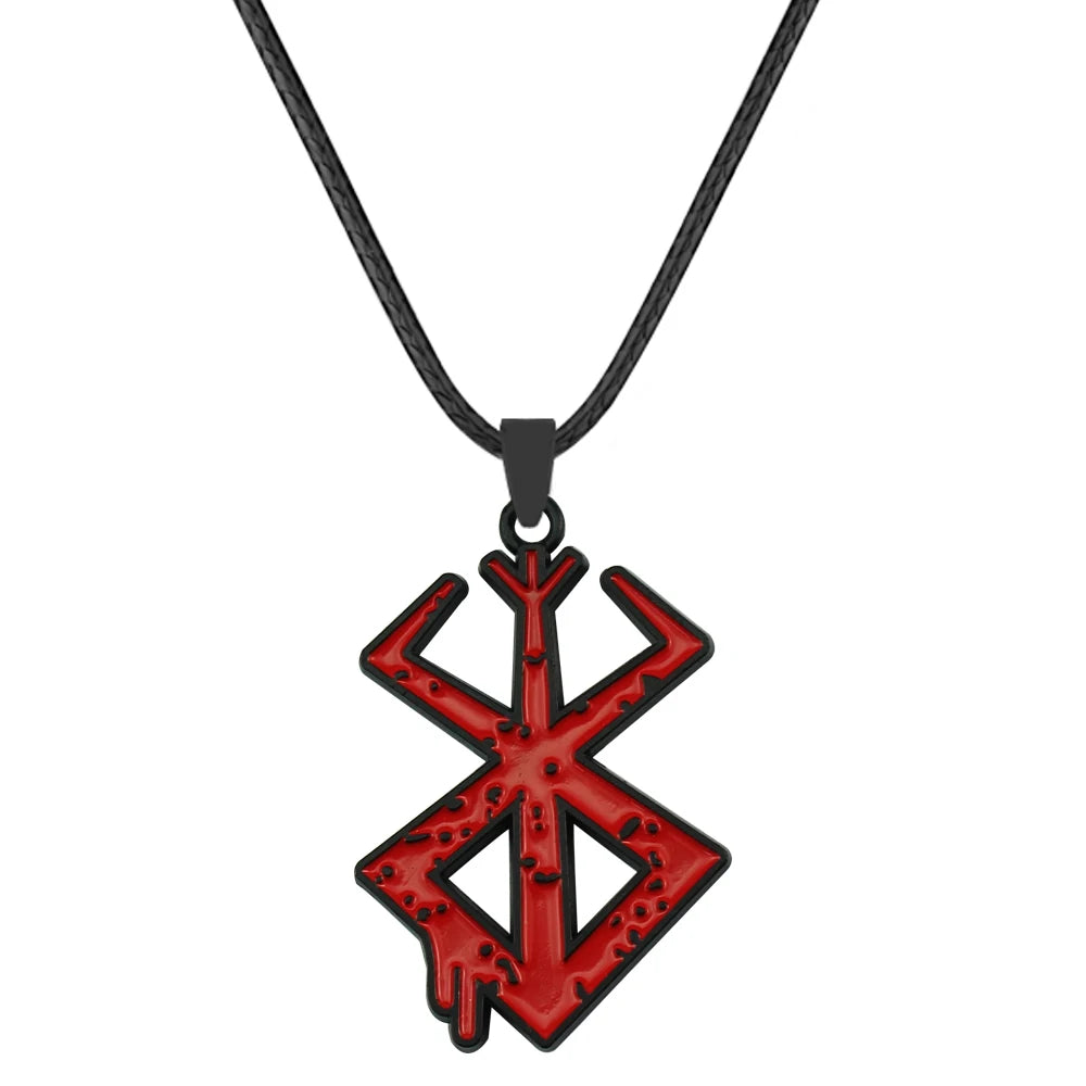 Collar de cordón negro con dije del logo de espada Berserk de anime rojo.