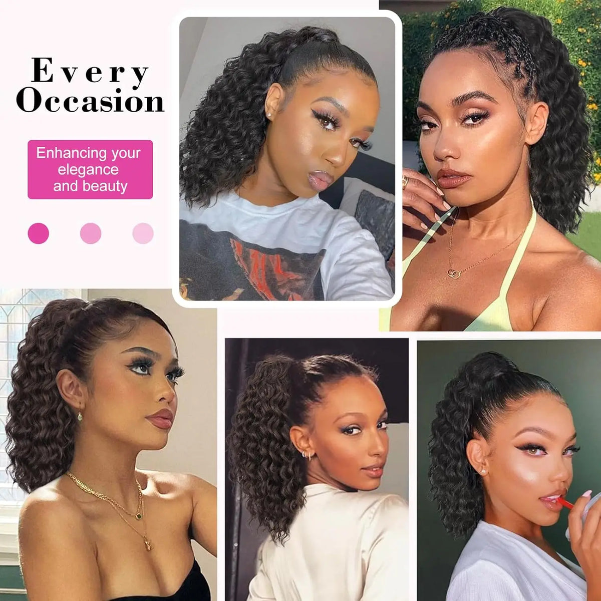 Close-up photos showcasing various styles and looks of curly drawstring ponytail hair extensions on women.