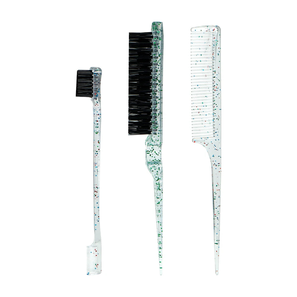 A set of professional pointed tail hair combs and styling brushes with green and blue accents.