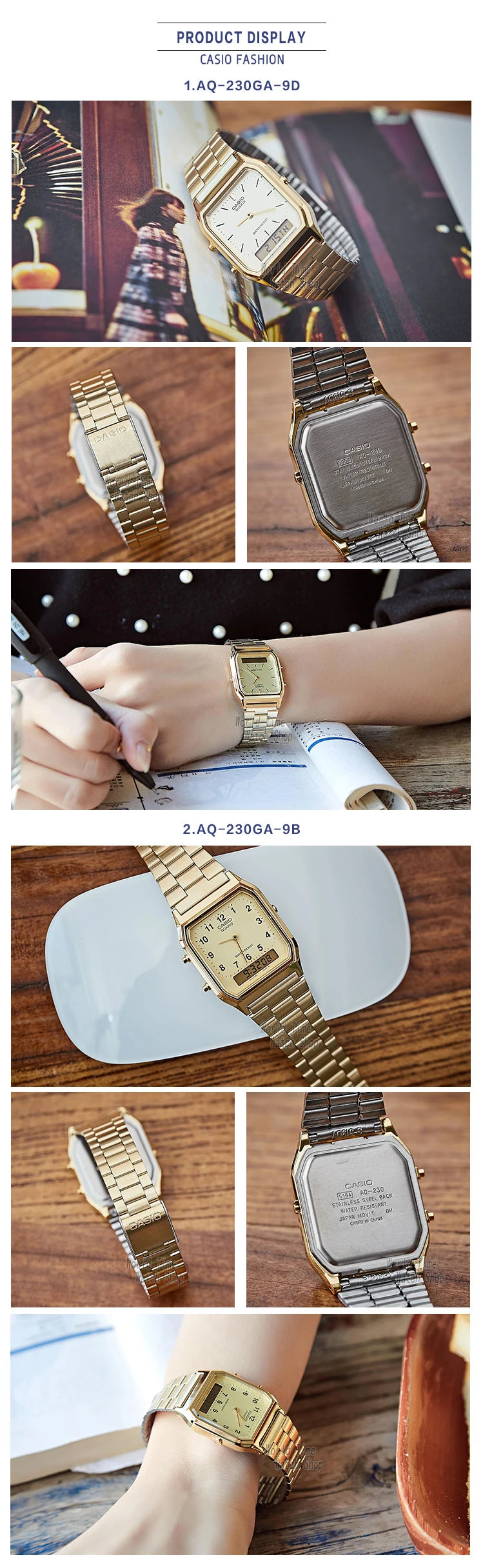 A collection of Casio watches, including a gold military style wristwatch and a silver-toned watch on a wrist.