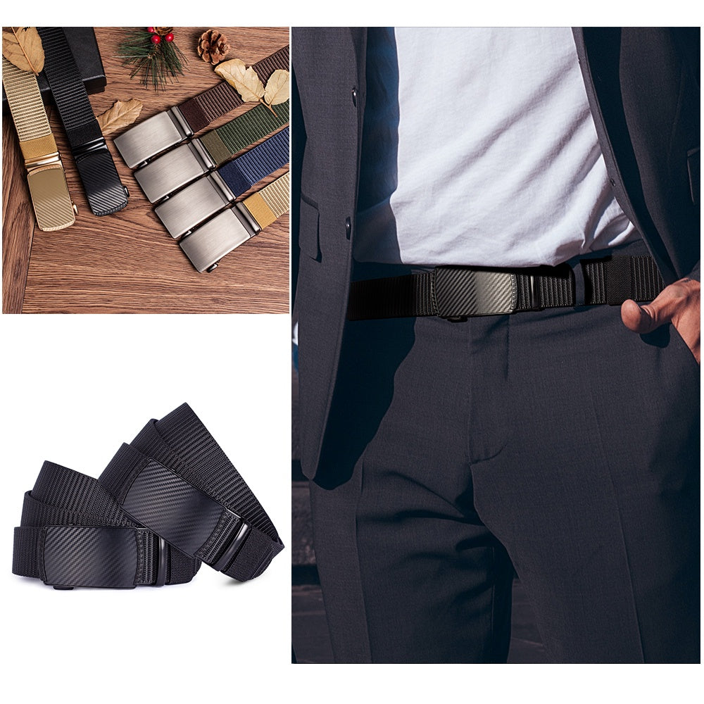 A close-up view of a black tactical canvas utility belt and various black nylon straps.