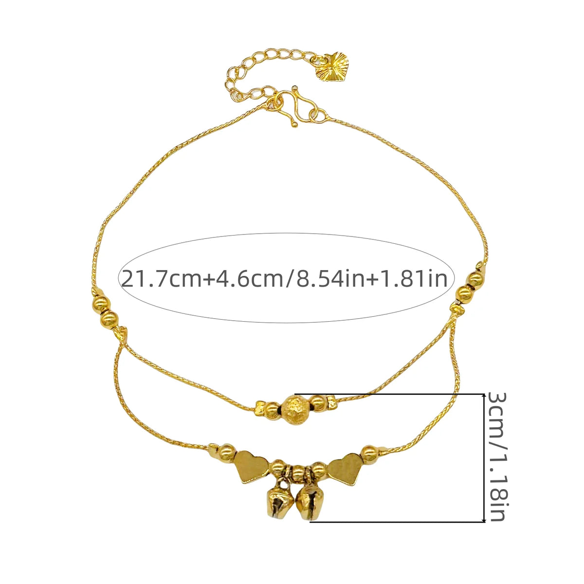 Gold-plated heart bell anklet for women shown against a white background.