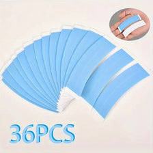 A set of 36 blue double-sided hair tapes shown in a fan arrangement with a close-up of the tape for reference.
