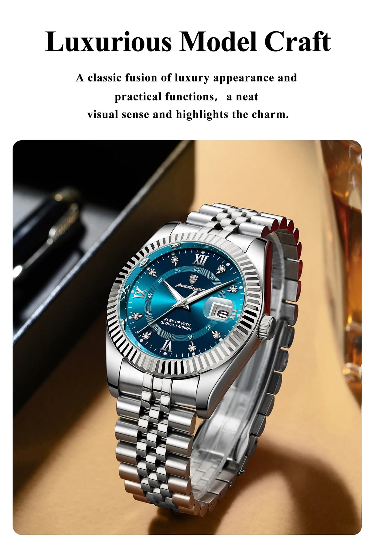 Montre en quartz argent et bleu lumineuse avec un bracelet métallique texturé sur fond neutre.