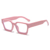 A pair of pink square anti-blue light computer glasses viewed from the front.