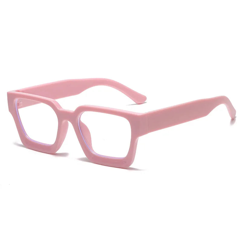 A pair of pink square anti-blue light computer glasses viewed from the front.