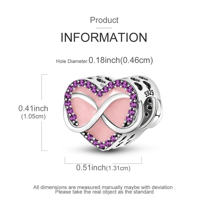 A sterling silver heart-shaped charm with an infinity design and purple stones.