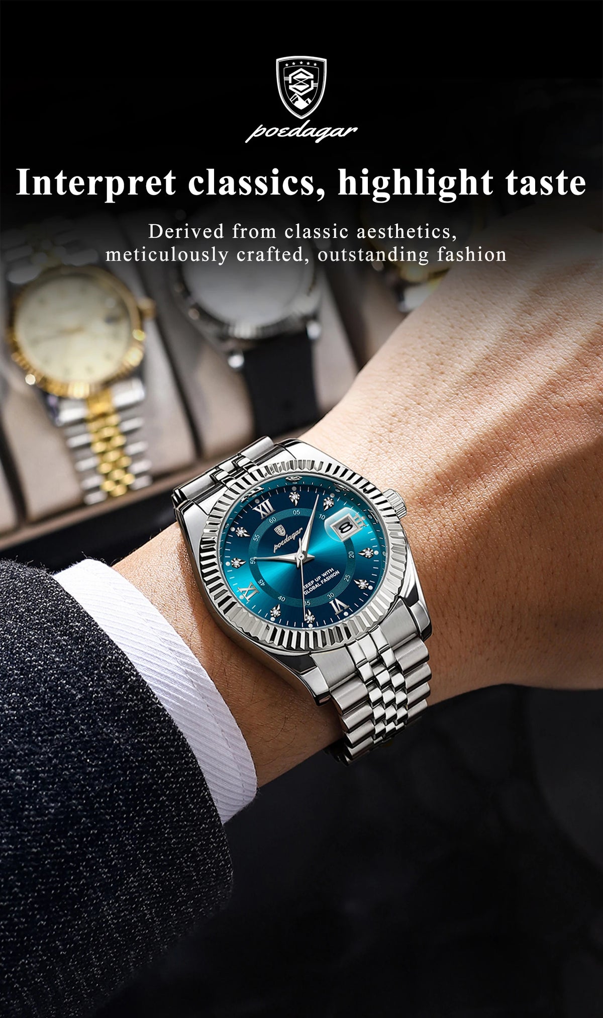 Gros plan d'une montre-bracelet en quartz luminescente en acier inoxydable avec un cadran bleu et un bracelet argenté sur un 