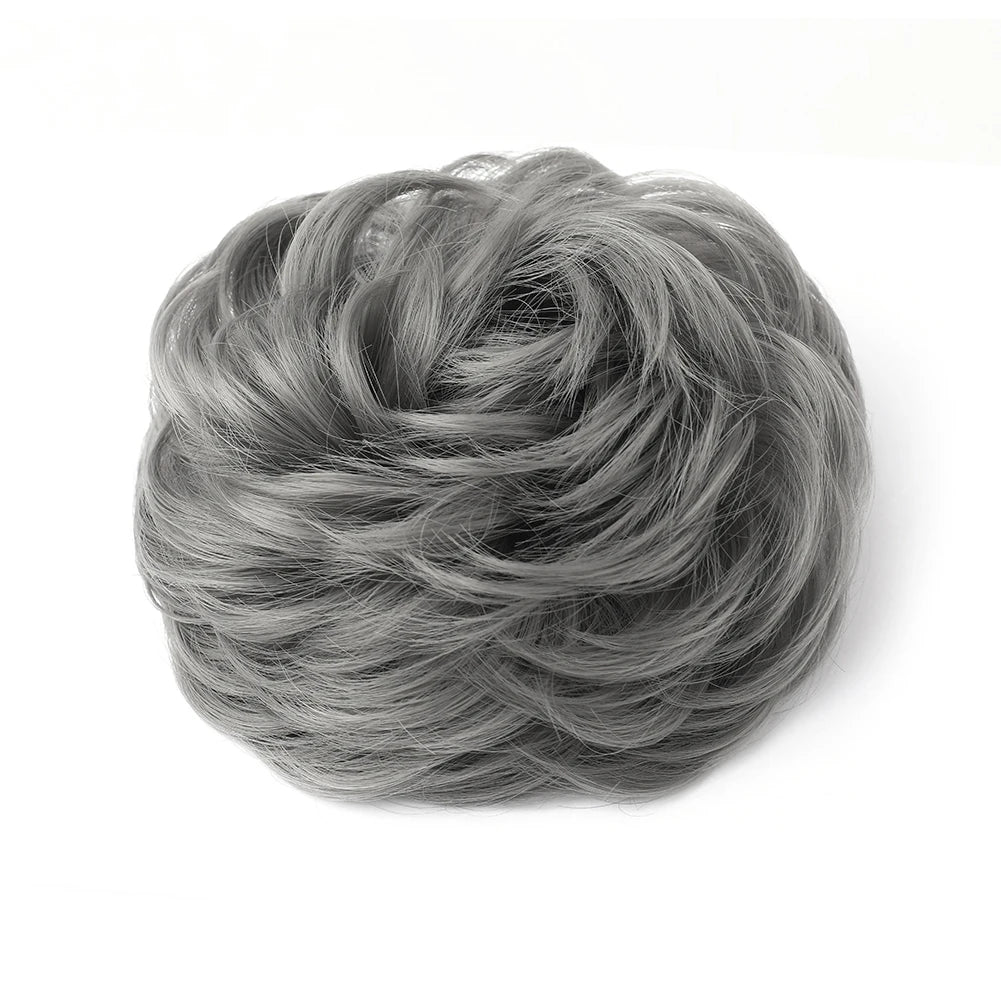 A gray, messy bun hairstyle made from hair