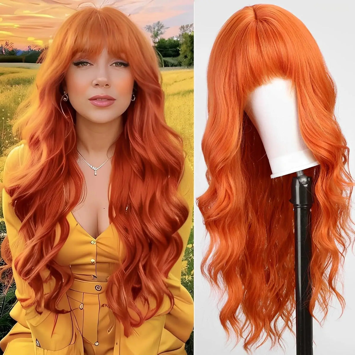 A close-up of a long, vibrant orange red wine color synthetic wig with curly hair displayed on a mannequin head.