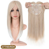 A model displays long straight blonde hair with a decorative topper and bangs attached for volume and coverage.