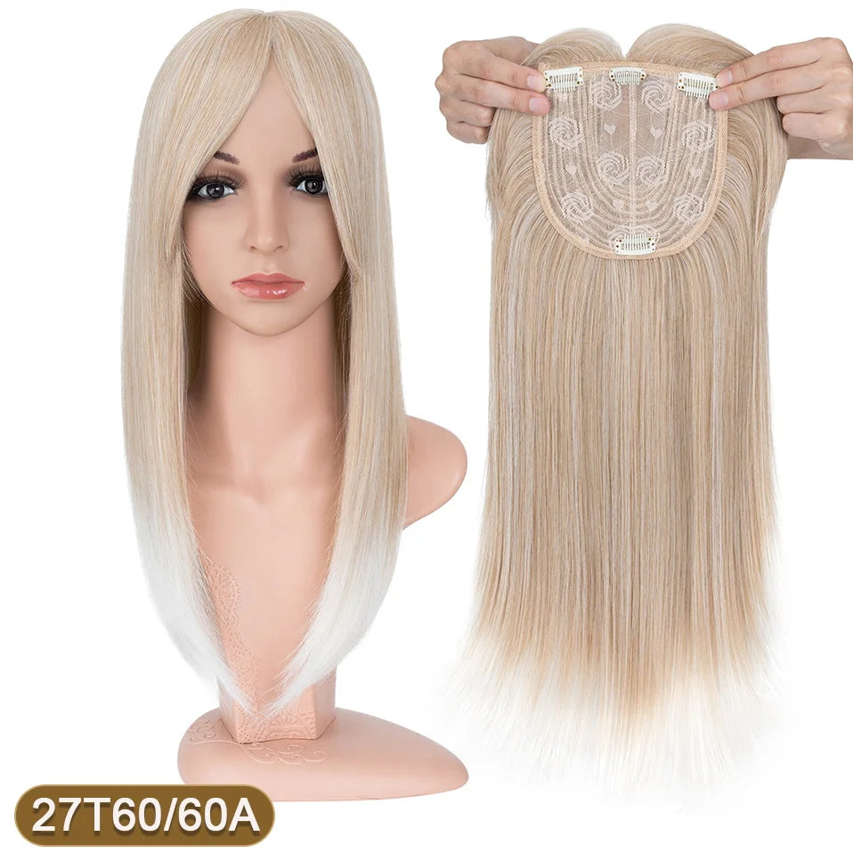 A model displays long straight blonde hair with a decorative topper and bangs attached for volume and coverage.