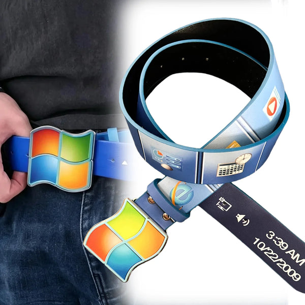 A close-up of a Y2K Retro Vista computer print belt worn around the waist and a detached strap.