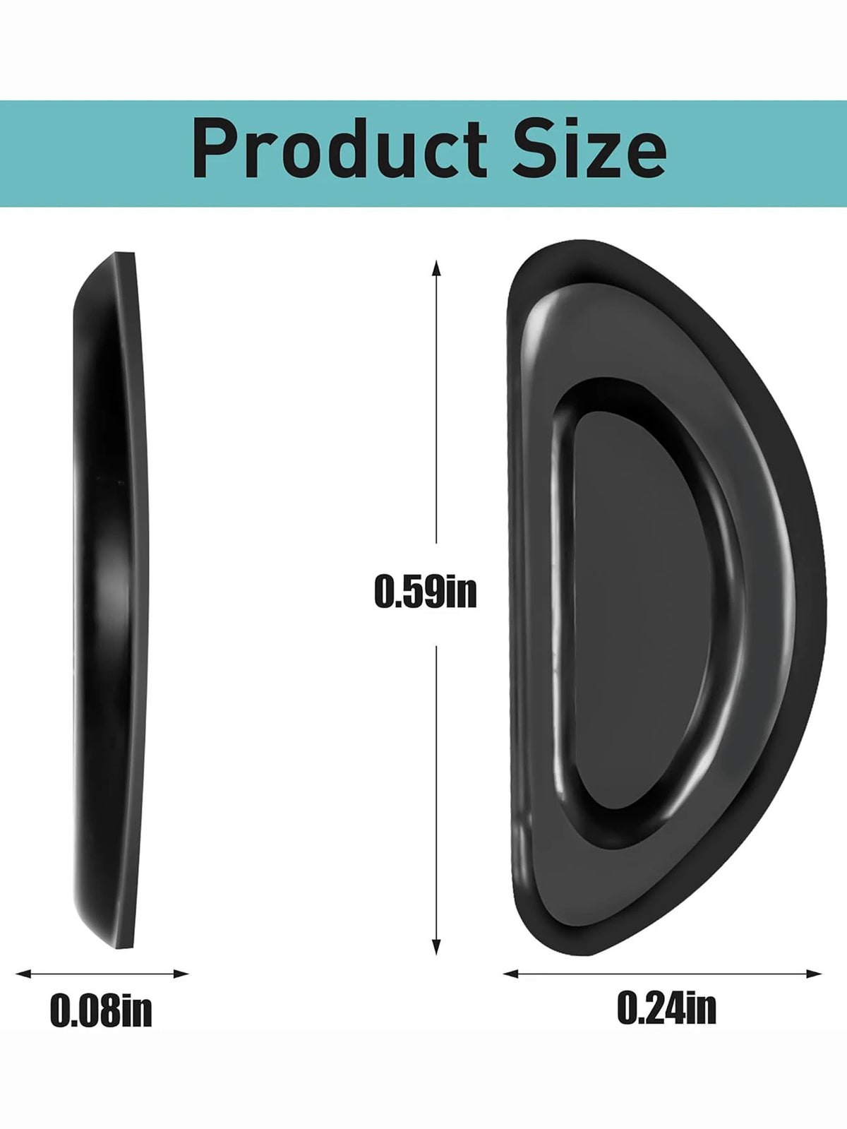 Vista lateral y superior de almohadillas nasales de silicona negra antideslizantes para gafas.