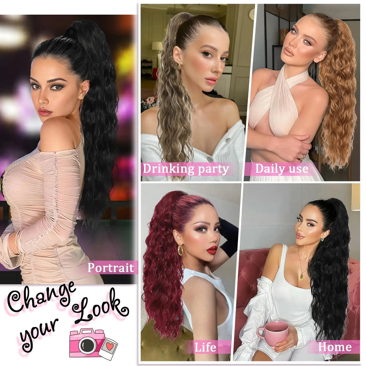 Collage montrant divers styles d'extensions de cheveux longs : portrait, usage quotidien et look maison.