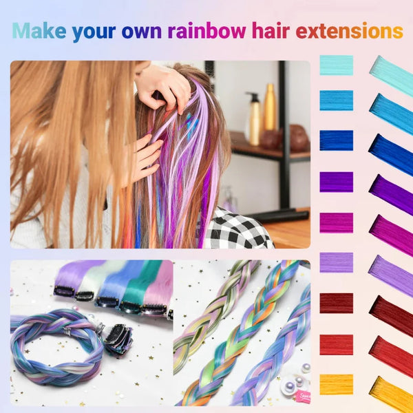 A collection of colorful synthetic hair extensions in various shades and textures, including rainbow colors and braids.