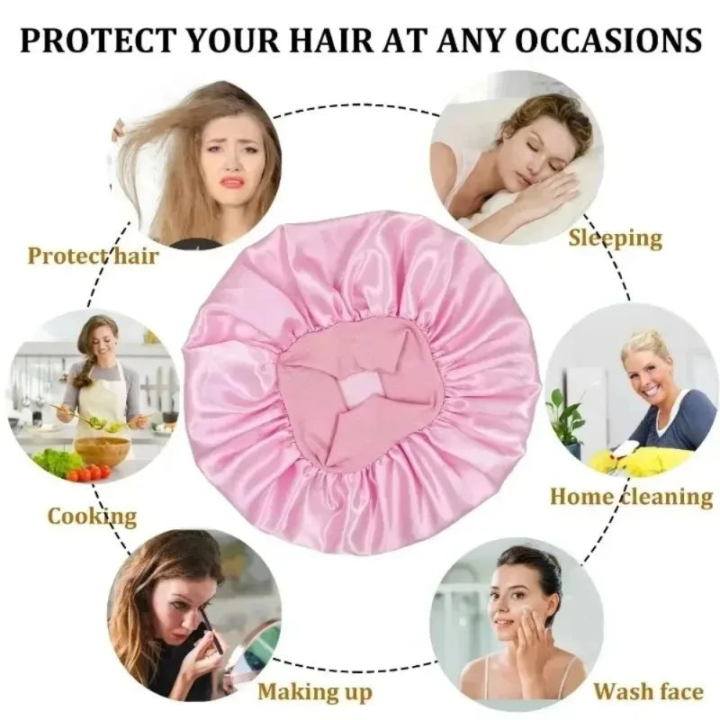 Pink satin hair rollers and styling tools used for protecting hair during various activities like sleeping, cooking, makeup, 