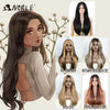 A display of a 26-inch straight ombre lace front wig featuring long dark hair in various shades and styles.