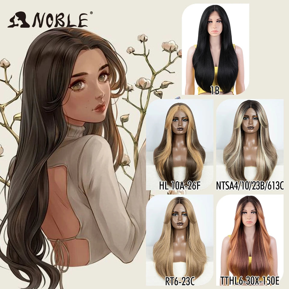 A display of a 26-inch straight ombre lace front wig featuring long dark hair in various shades and styles.