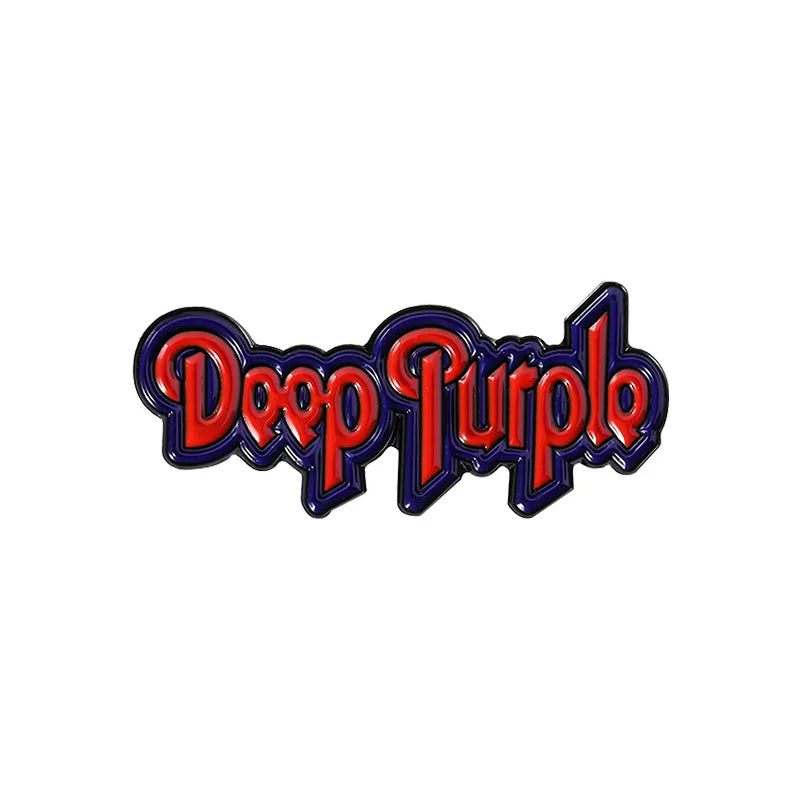 A lapel pin featuring the text Deep Purple in a stylized, three-dimensional font.