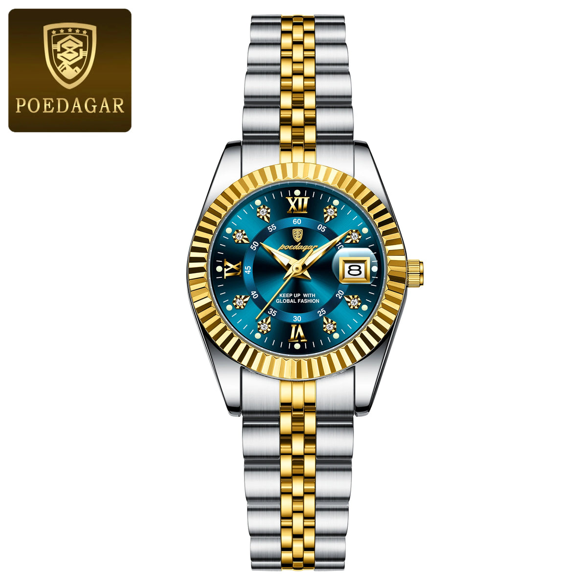 Elegant stainless steel quartz ladies wristwatch with gold accents and luminous features.
