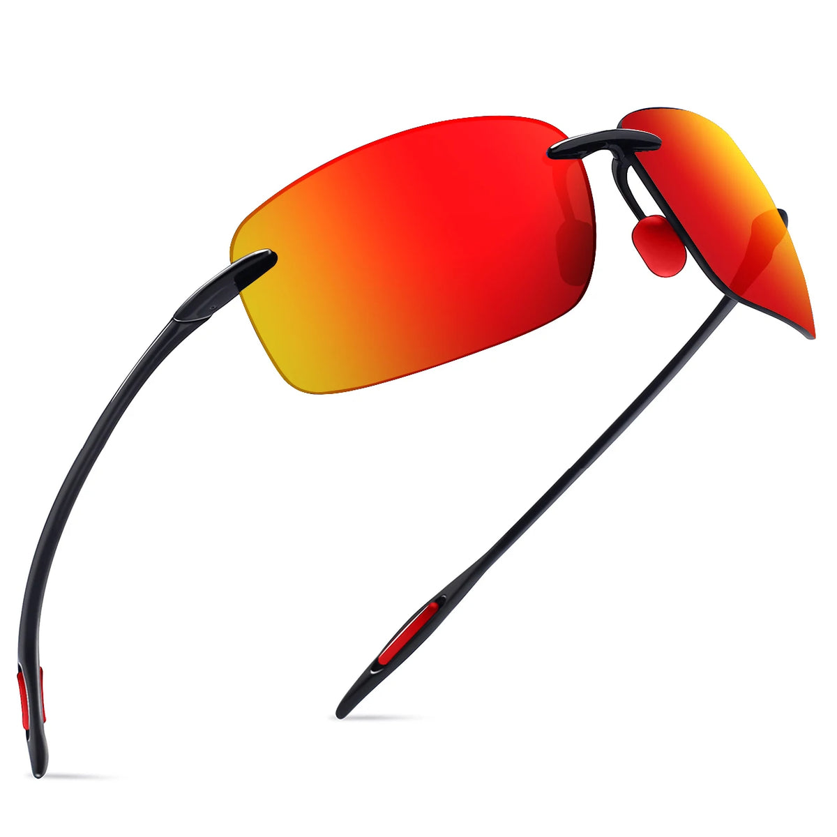 Rimlose Sportbrille mit orange-rotem Farbverlauf und schwarzen Rahmen