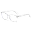 Clear plastic square eyeglasses with thin clear frames shown against a white background