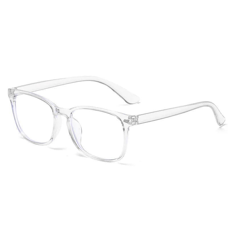 Clear plastic square eyeglasses with thin clear frames shown against a white background