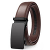 A brown genuine leather belt with a black buckle and textured strap shown from the side.