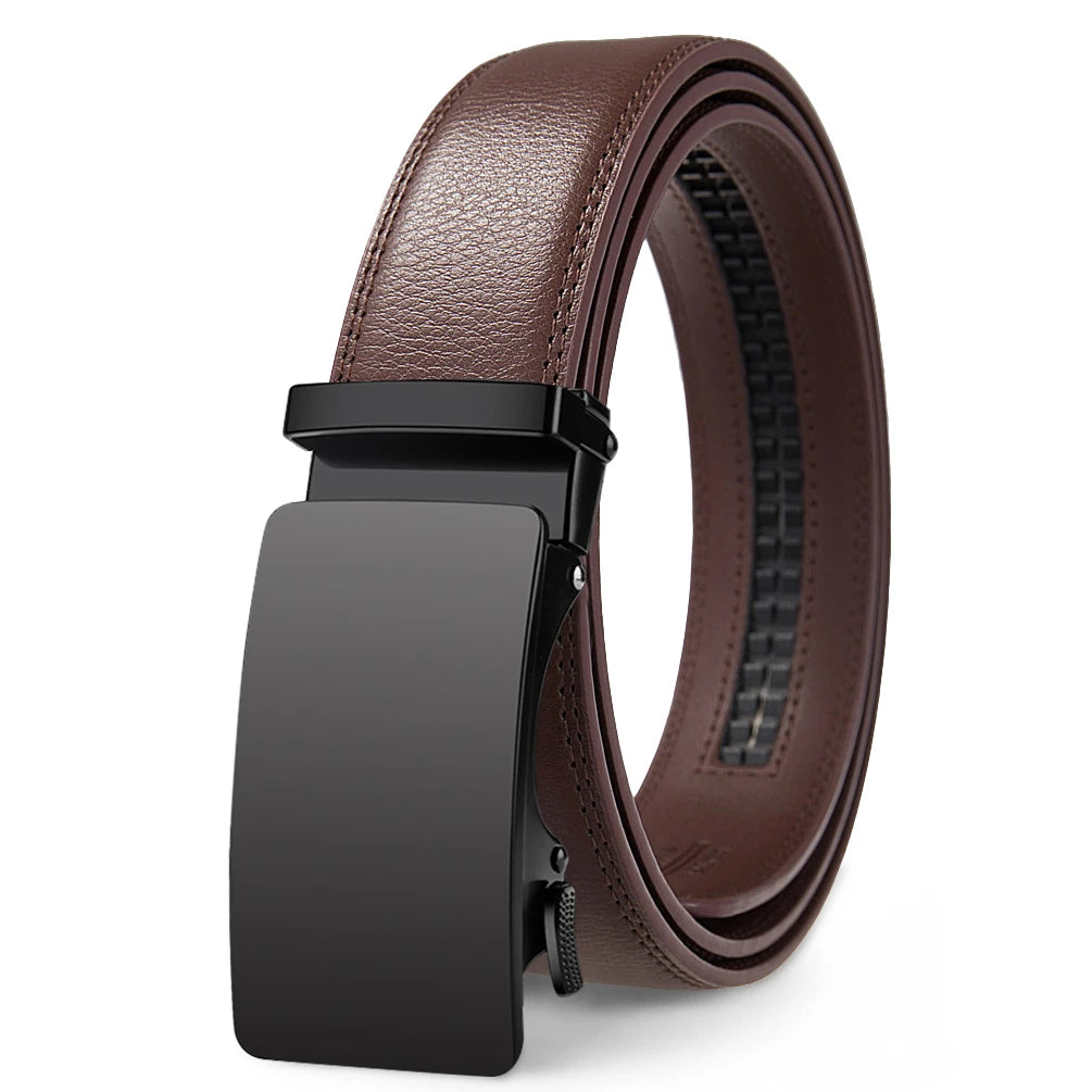 A brown genuine leather belt with a black buckle and textured strap shown from the side.