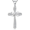 A silver cross pendant necklace featuring an intertwined design and a detailed cross shape.