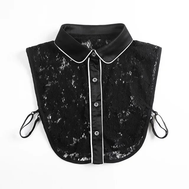 Black lace blouse with a false collar and buttons