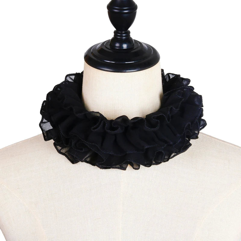 Black decorative pleated ruffle stand collar sweater displayed on a mannequin neck.