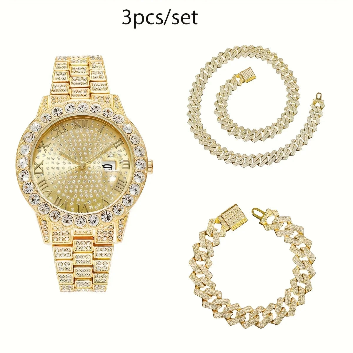 Un ensemble de trois bijoux en chaîne cubaine dorés, incluant une montre et deux bracelets