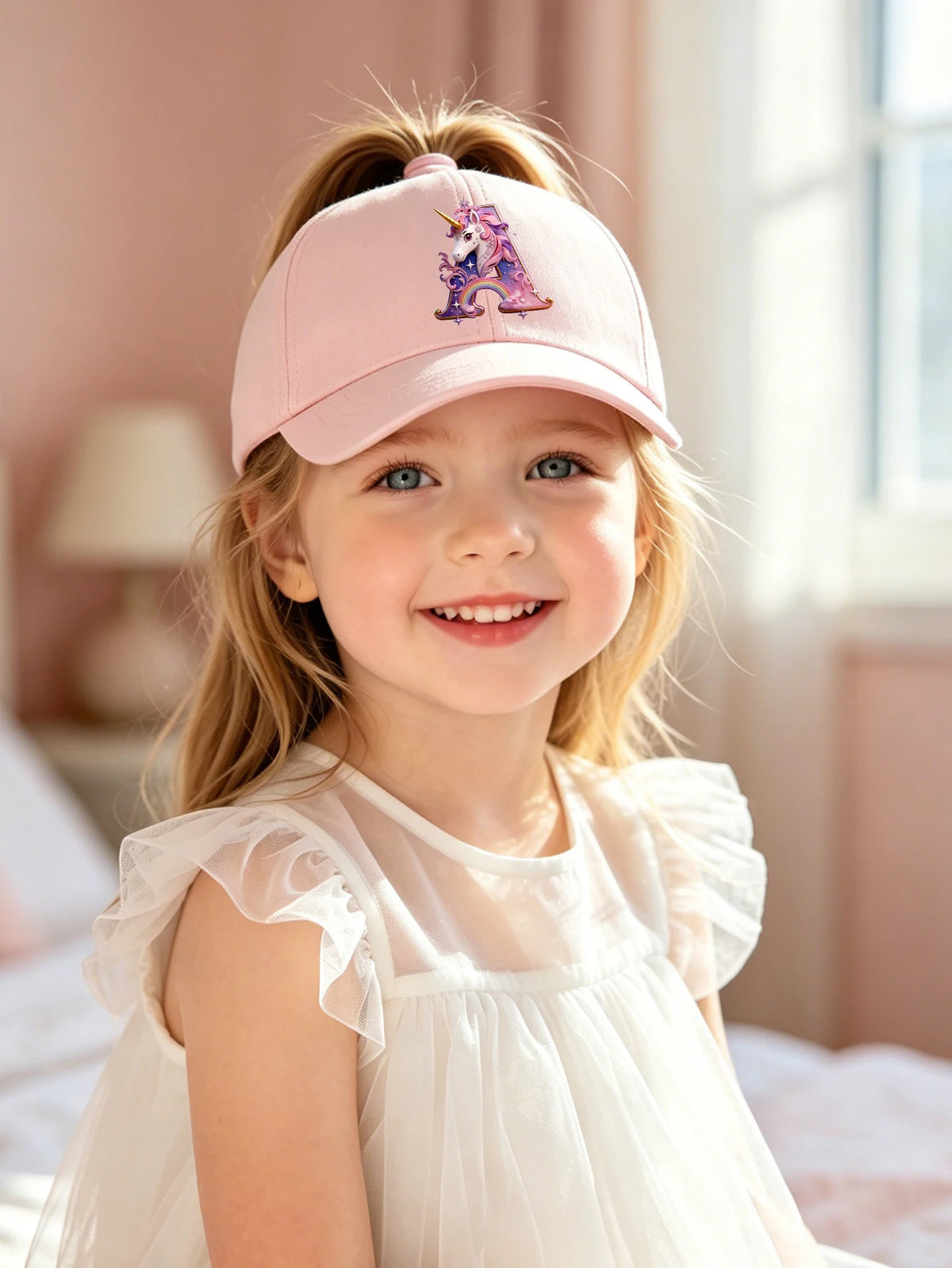 A smiling young girl wearing a pink unicorn letter baseball cap with purple embroidery.