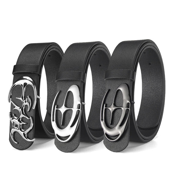 Black leather belt with a geometric alloy buckle shown on a white background.