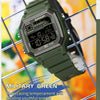 A military green Sport Digital Wristwatch with a black bezel and display is shown against a blurred background.