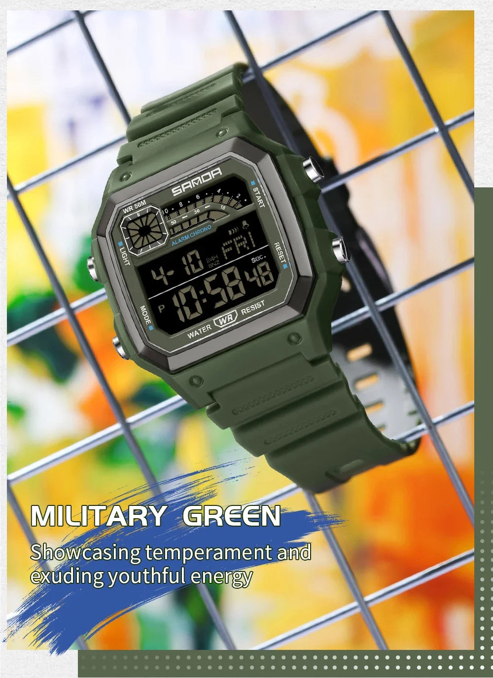 A military green Sport Digital Wristwatch with a black bezel and display is shown against a blurred background.
