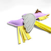 A purple and gray elegant winged pony keychain with yellow tassels.