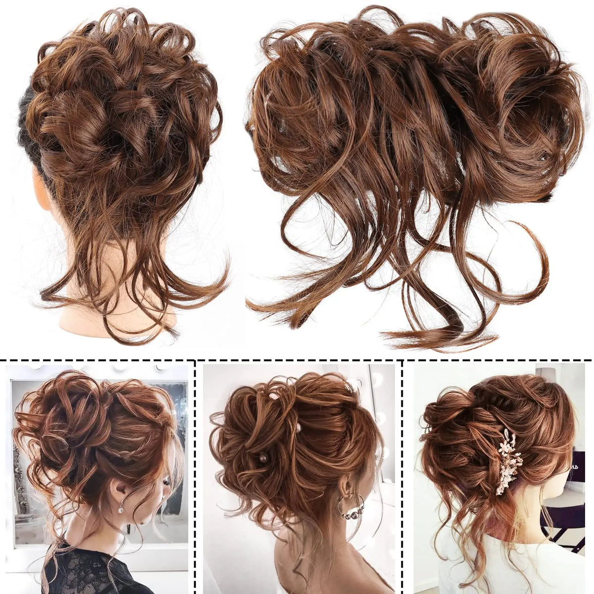 A close-up of messy brown synthetic hair styled into a loose bun for women