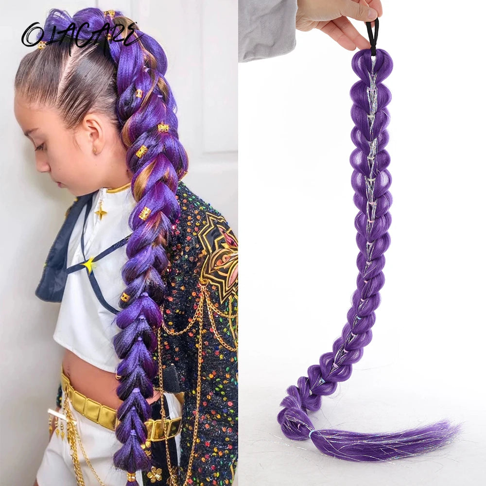A close-up of a purple braided hair ponytail with tinsel extensions worn by a girl.