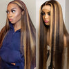 A close-up photo of a model wearing a long, straight blonde wig with HD lace front.
