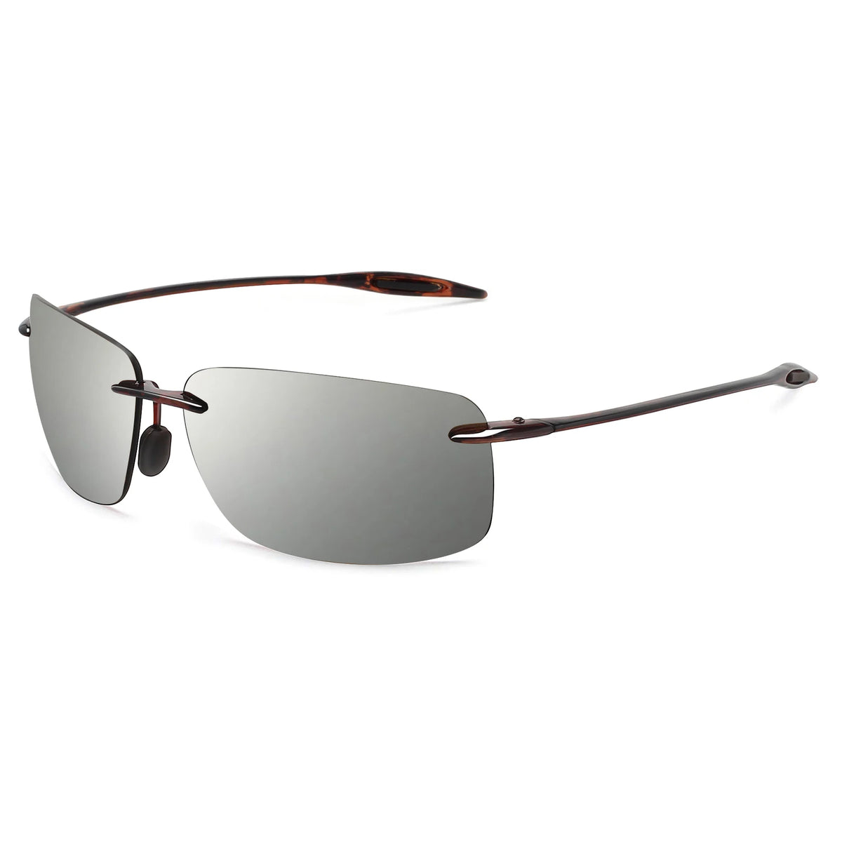 Rimlose Sportbrille mit dunkelgrauen Linsen und braunen Rahmen