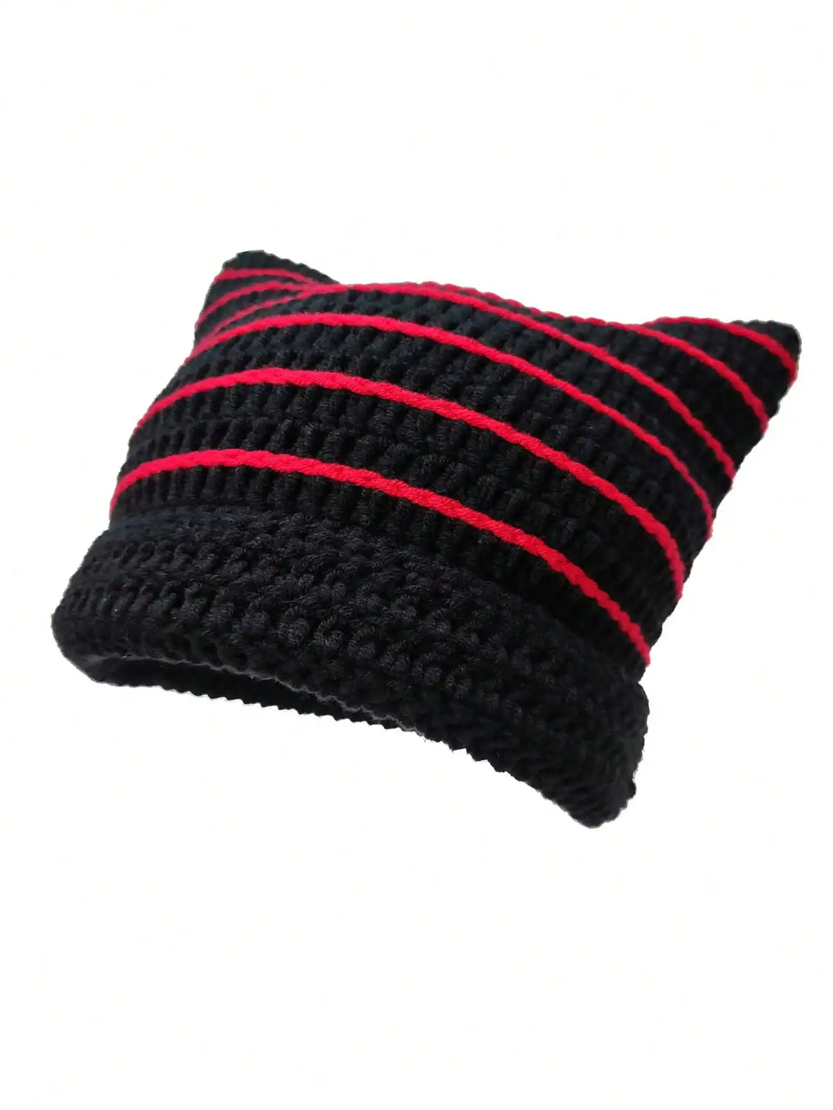 Black and red striped crocheted beanie hat with cat ear design