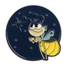 A dark blue enamel pin featuring a cute firefly insect design.