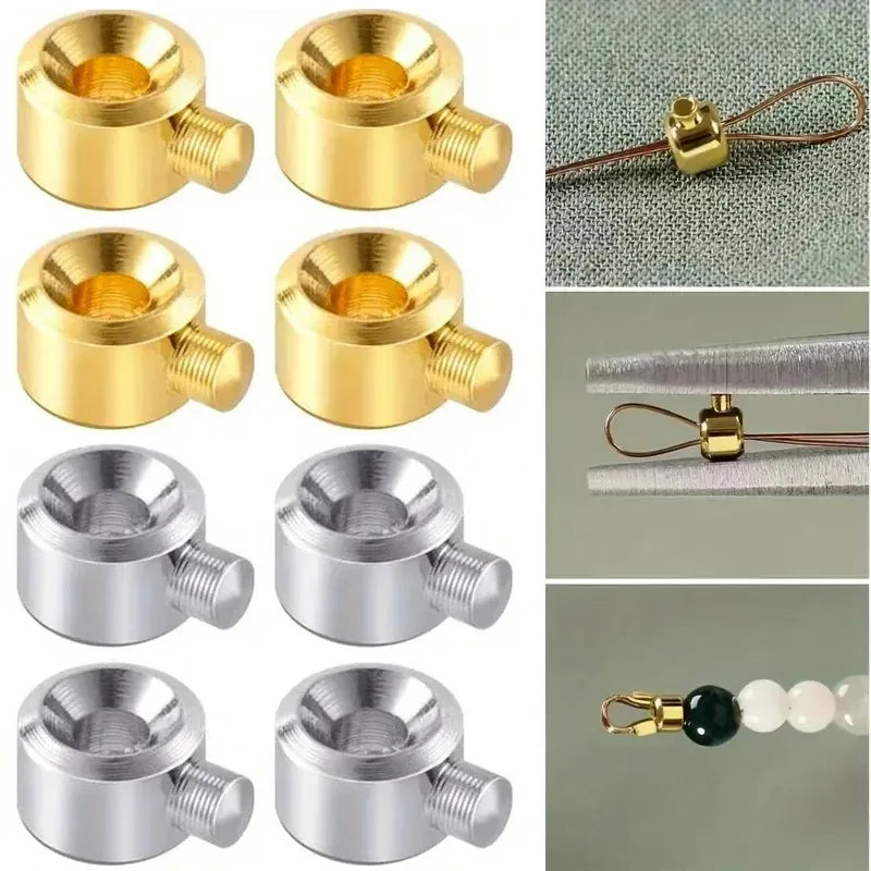 A collection of gold and silver jewelry findings stoppers and spacers for connectors.