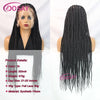 A long black braided wig with a full lace front displayed on a mannequin.