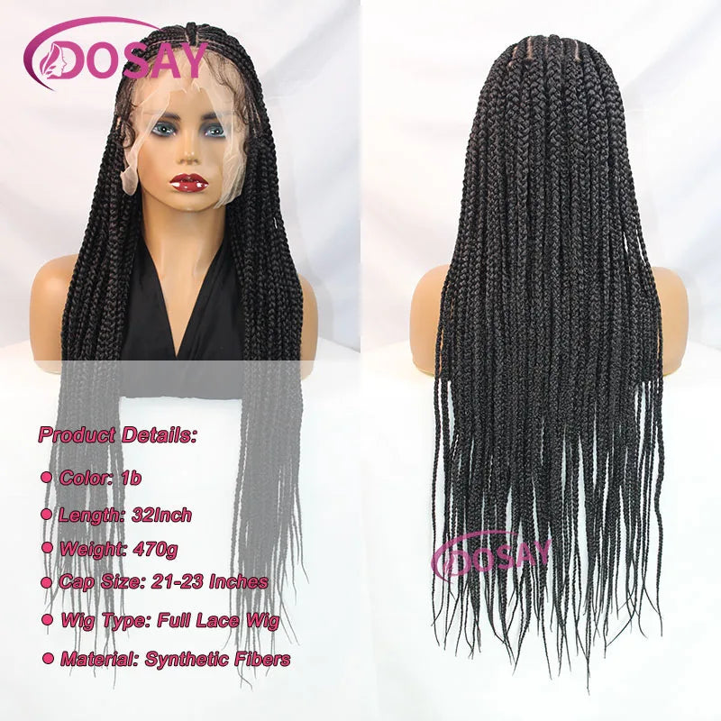 A long black braided wig with a full lace front displayed on a mannequin.