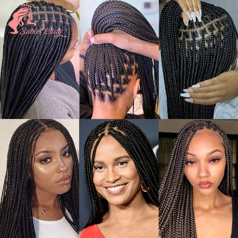 Nahaufnahmen einer 36-Zoll-synthetischen knotenlosen Boxbraid-Perücke in Schwarz, die verschiedene Stile und Texturen zeigen.